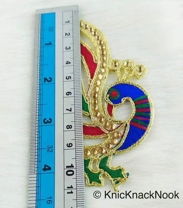 Cutwork Peacock Applique, Embroidered Peacock Applique with Stone Embellishments Red, Blue